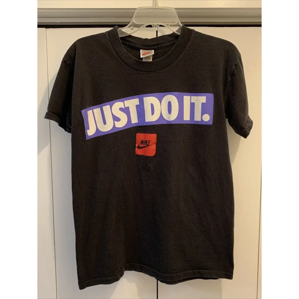 VTG NIKE Just Do It‎ BLACK/BLUE Box Logo Shirt Men’s SMALL RARE Made in USA